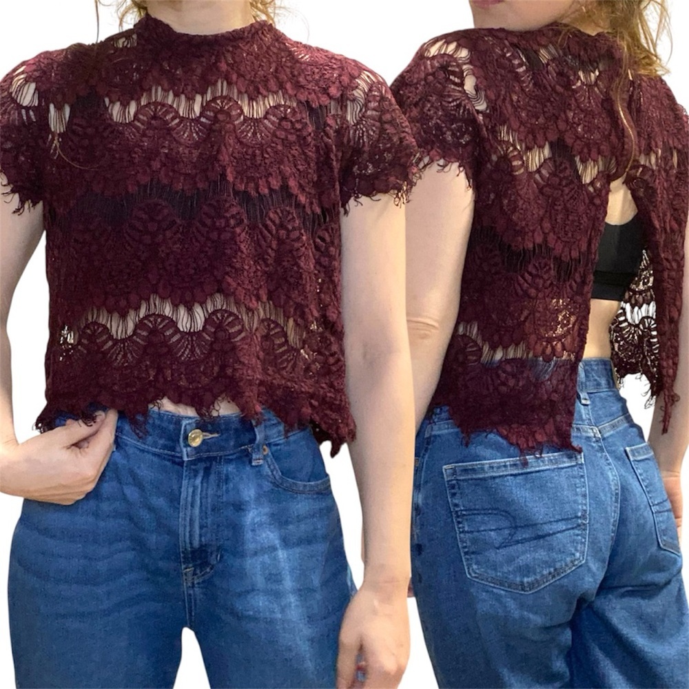 INNY Burgundy Lace Sheer Crop Top – Size‎ L (Fits S/XS)